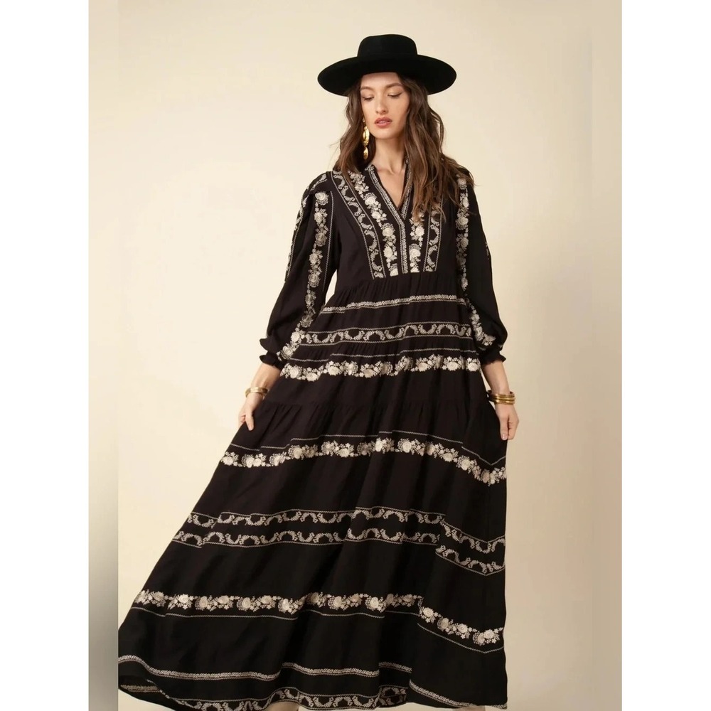 Hale Bob Luna Embroidered Long Sleeve Tiered Maxi Dress Size Large Black $528